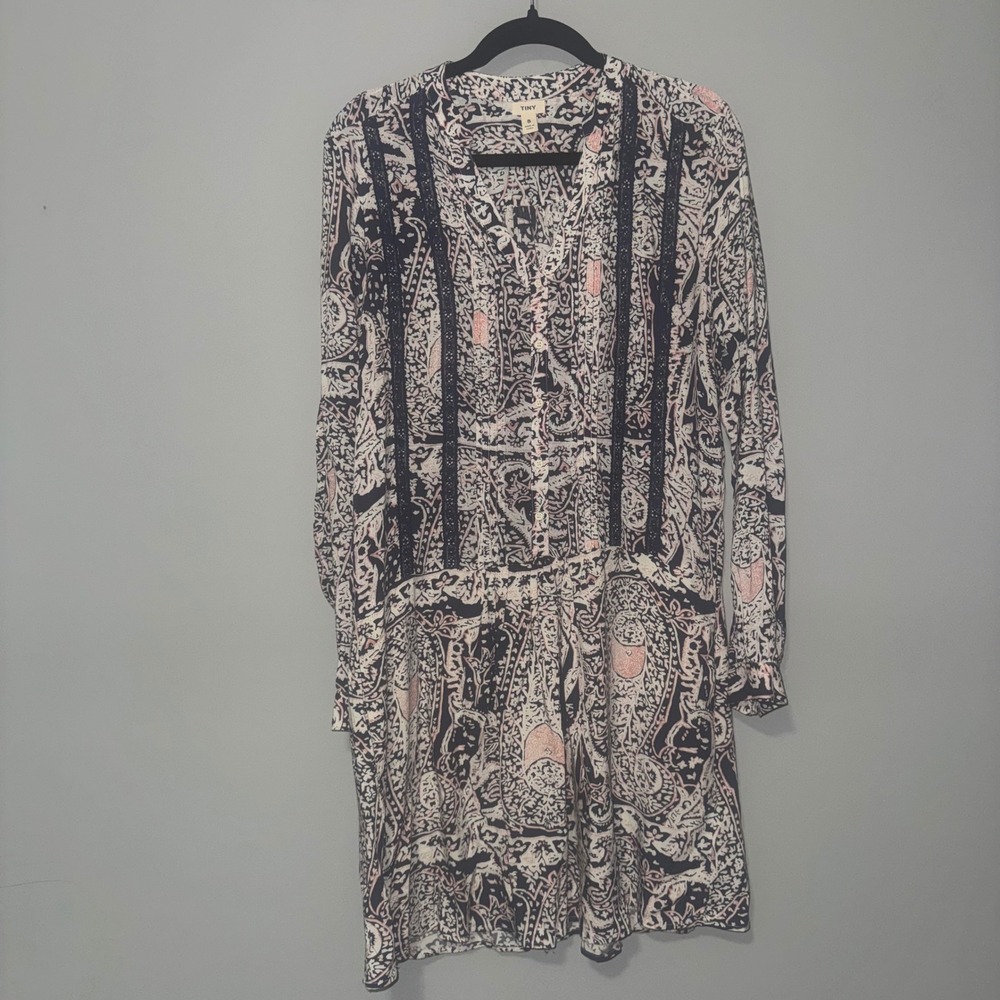 TINY Anthropologie Navy Pink Paisley Crochet Trim Boho Long Sleeve Dress Small